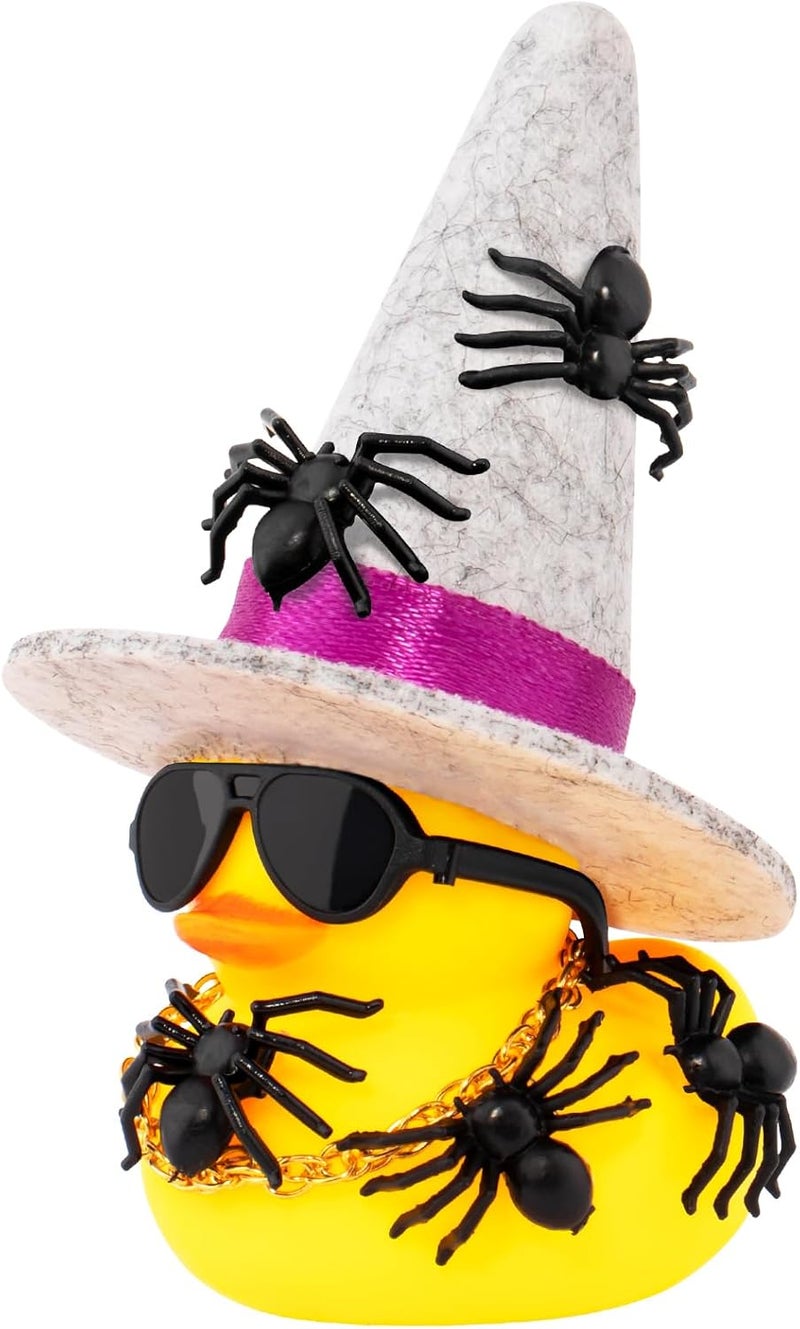 wonuu Spiders Rubber Ducks for Halloween, Car Dashboard Decorations Duck for Office Desk Ornament Accessories with Witch Hat Glasses Chain Spider (Gray) - Image 1